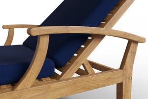 Delaine Teak Outdoor Reclining Sun Lounger with Sunbrella Navy Cushion and Slide-out Tray Dining Bench Set