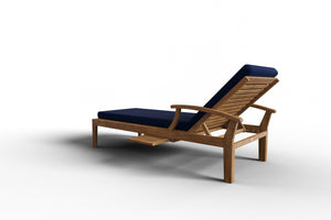 Delaine Teak Outdoor Reclining Sun Lounger with Sunbrella Navy Cushion and Slide-out Tray Dining Bench Set