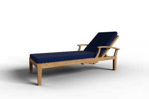 Delaine Teak Outdoor Reclining Sun Lounger with Sunbrella Navy Cushion and Slide-out Tray Dining Bench Set