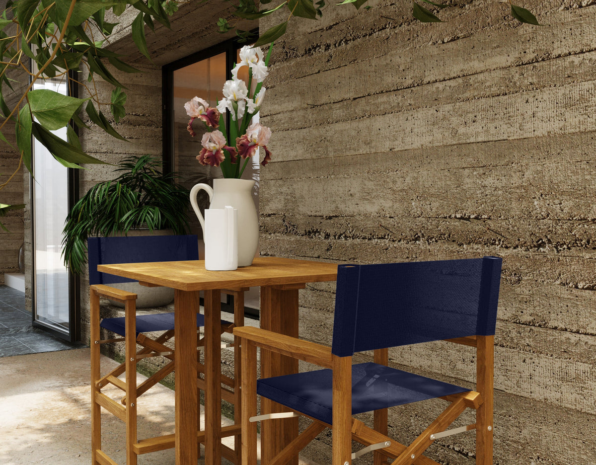 Directeur 3-Piece Square Teak Outdoor Bar Height Dining Set in Blue with Folding Armchairs Outdoor Dining Set