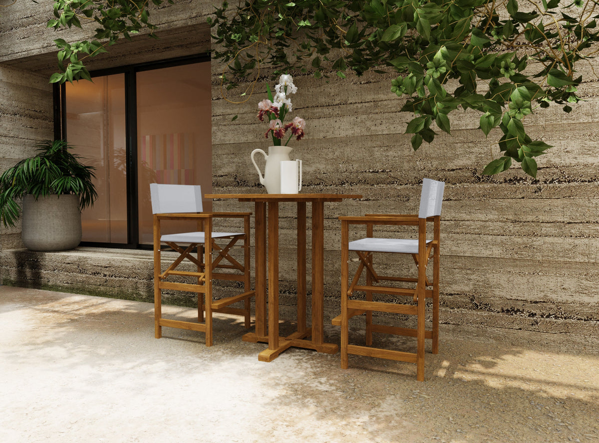 Directeur 3-Piece Square Teak Outdoor Bar Height Dining Set in White with Folding Armchairs Outdoor Dining Set