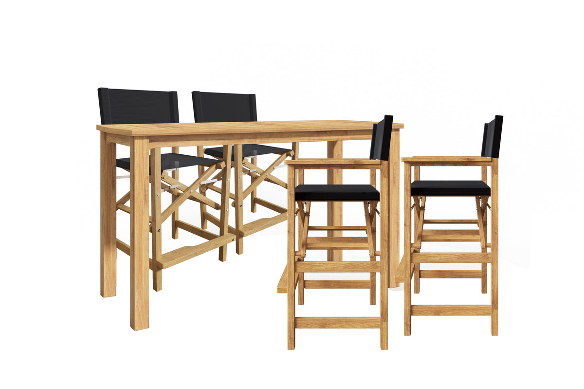 Directeur 5-Piece Rectangular Teak Outdoor Counter Height Dining Set in Black with Folding Armchairs Outdoor Dining Set