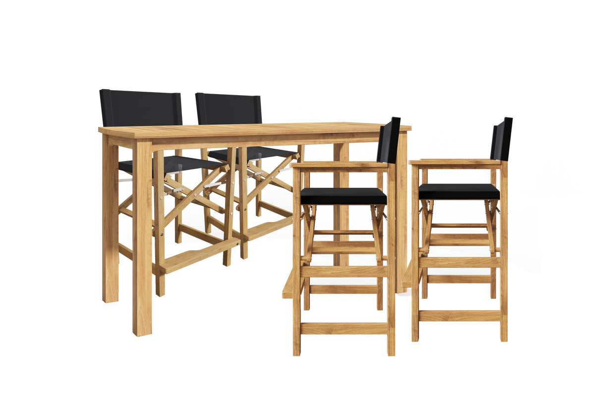 Directeur 5-Piece Rectangular Teak Outdoor Counter Height Dining Set in Black with Folding Armchairs Outdoor Dining Set