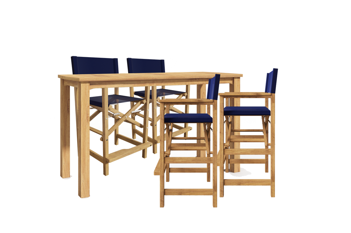 Directeur 5-Piece Rectangular Teak Outdoor Counter Height Dining Set in Blue with Folding Armchairs Outdoor Dining Set