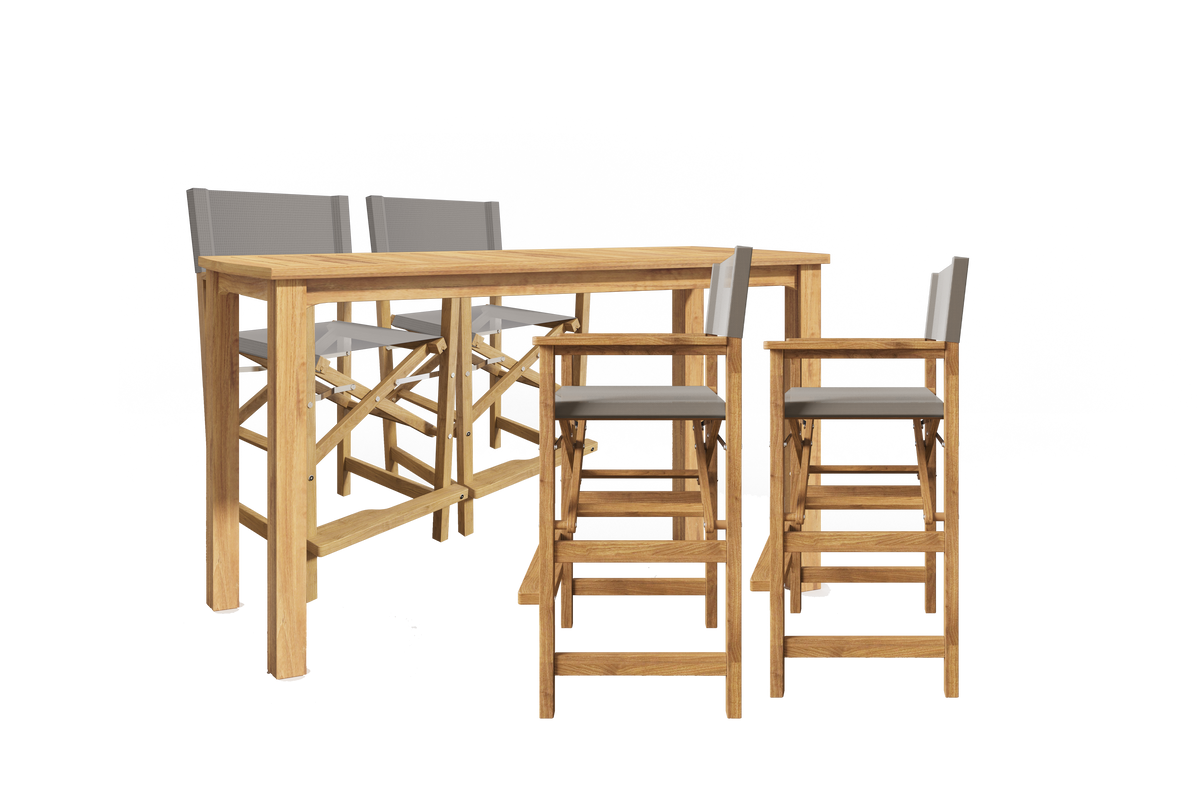 Directeur 5-Piece Rectangular Teak Outdoor Counter Height Dining Set in Taupe with Folding Armchairs Outdoor Dining Set