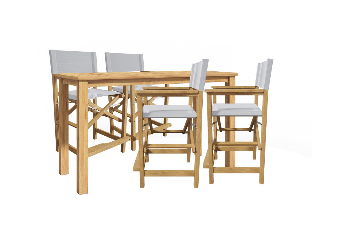 Directeur 5-Piece Rectangular Teak Outdoor Counter Height Dining Set in White with Folding Armchairs Outdoor Dining Set