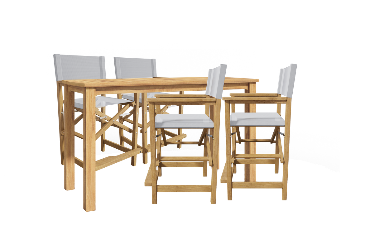 Directeur 5-Piece Rectangular Teak Outdoor Counter Height Dining Set in White with Folding Armchairs Outdoor Dining Set