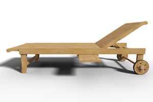 Edgard Teak Outdoor Reclining Sun Lounger with Rear Wheels and Slide-out Tray Dining Bench Set