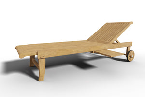 Edgard Teak Outdoor Reclining Sun Lounger with Rear Wheels and Slide-out Tray Dining Bench Set