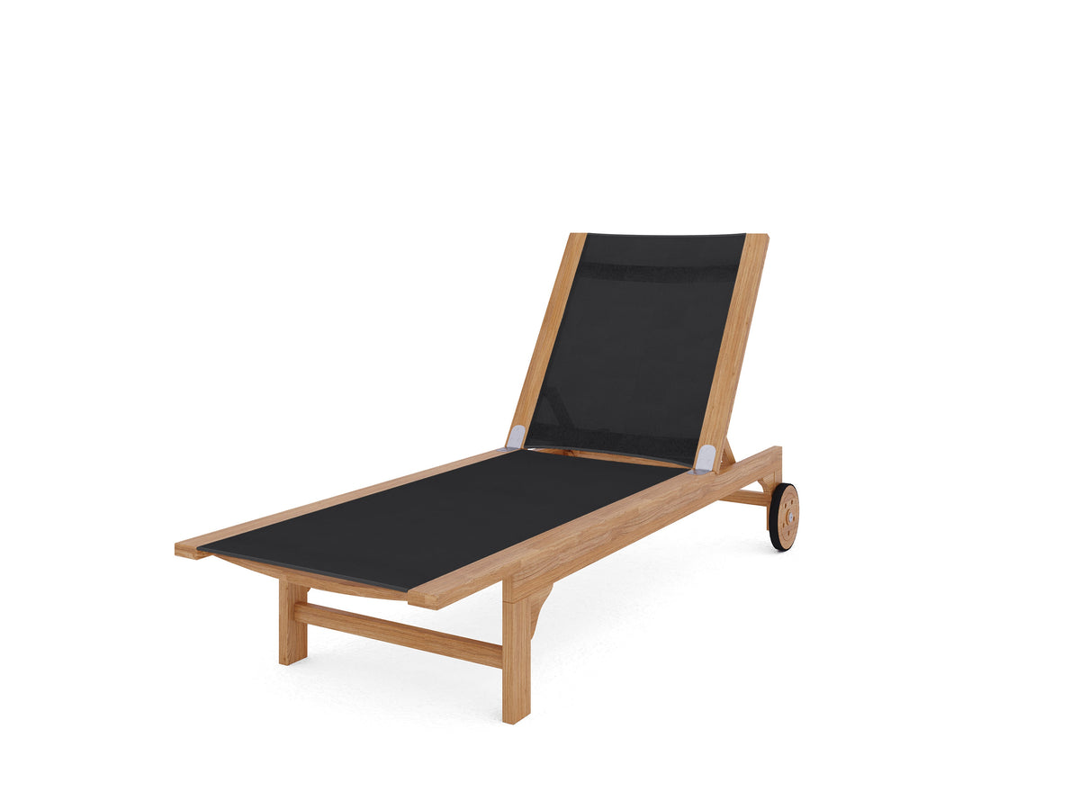 Elie Teak Outdoor Reclining Sun Lounger in Black with Rear Wheels Lounger