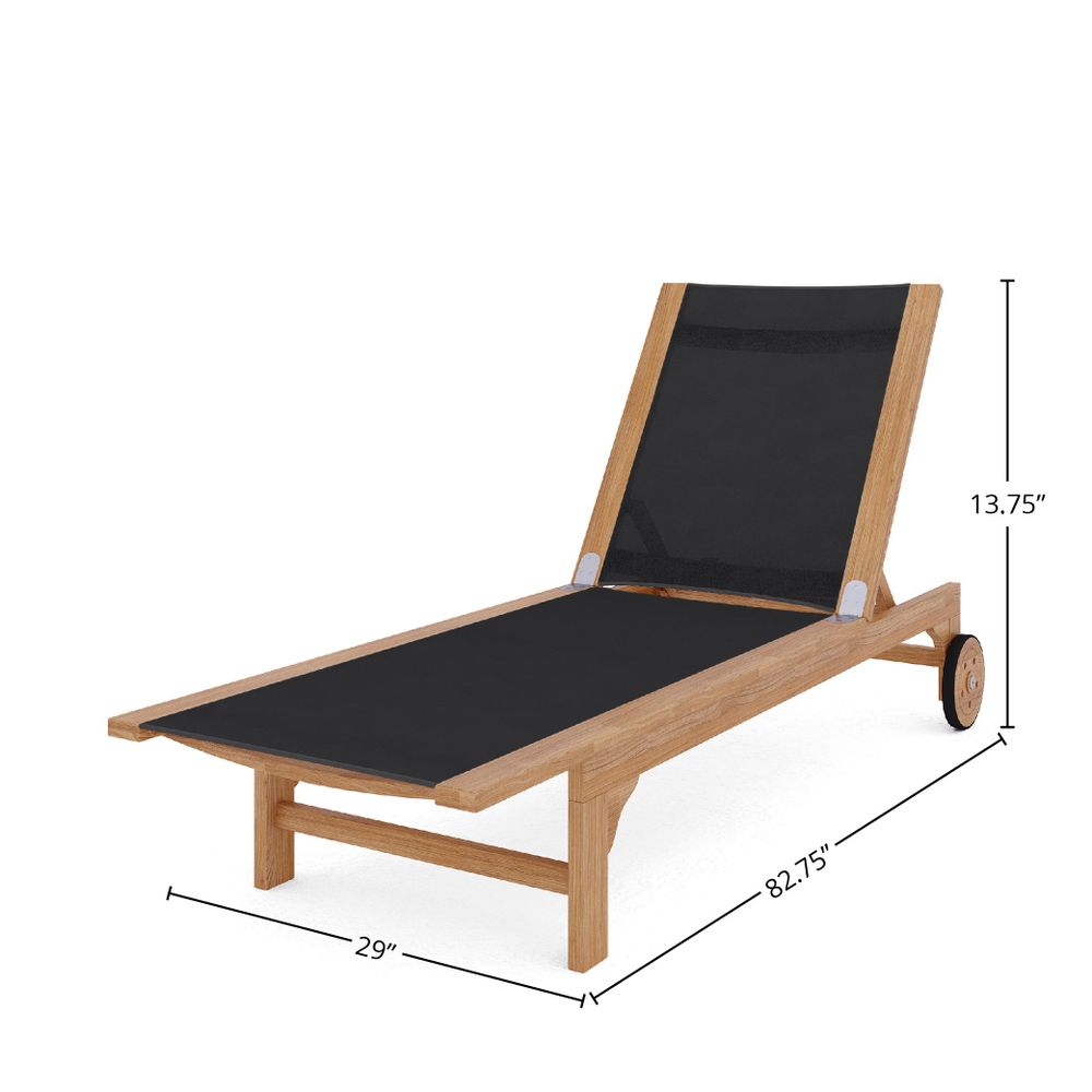 Elie Teak Outdoor Reclining Sun Lounger in Black with Rear Wheels Lounger