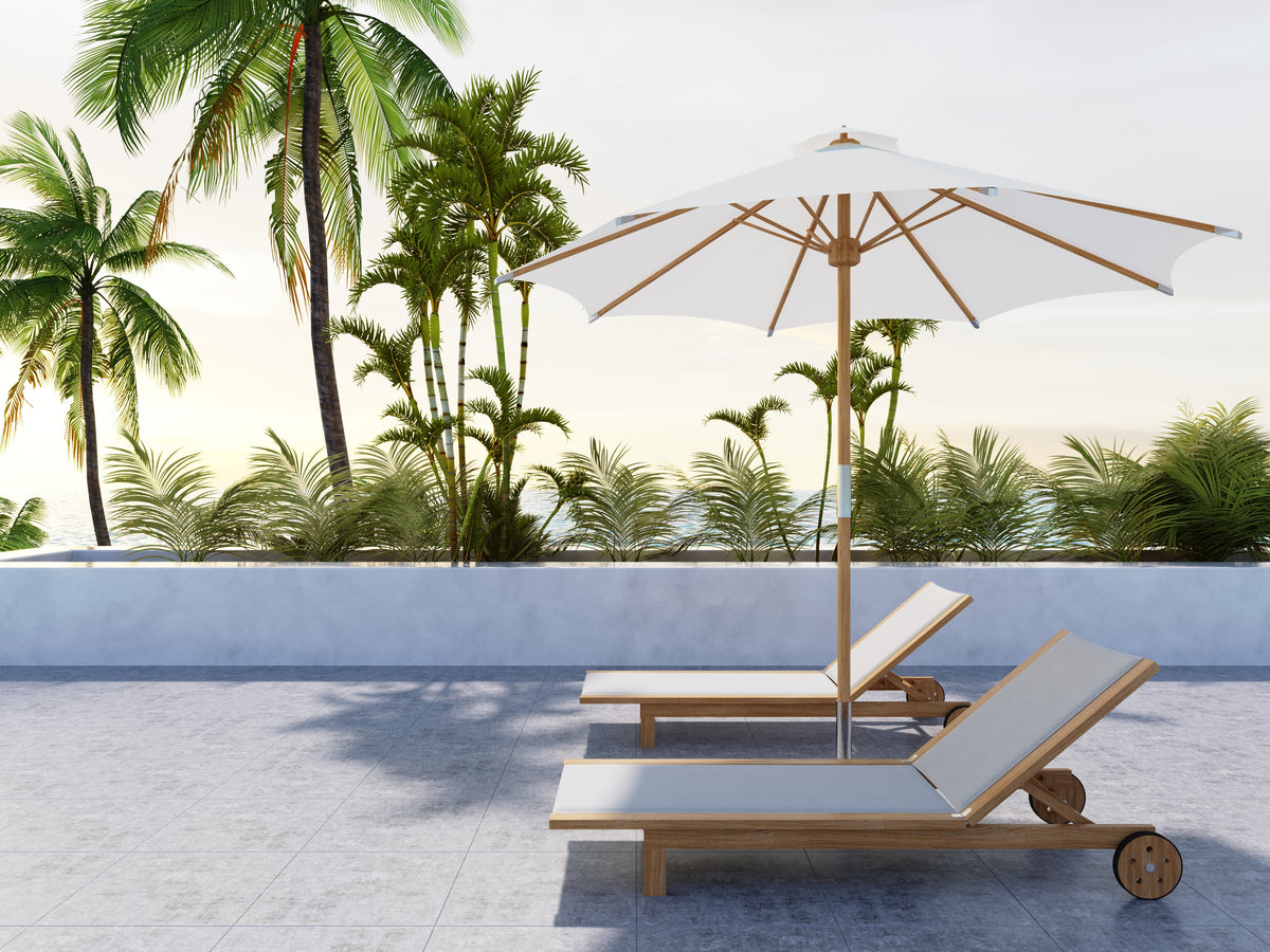 Elie Teak Outdoor Reclining Sun Lounger in White with Rear Wheels Lounger