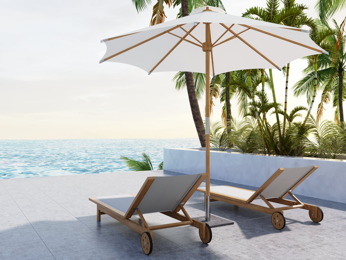 Elie Teak Outdoor Reclining Sun Lounger in White with Rear Wheels Lounger