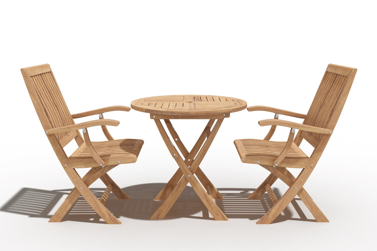 Florence 3-Piece Round Teak Outdoor Bistro Set with Folding Table and Folding Armchairs Outdoor Dining Set