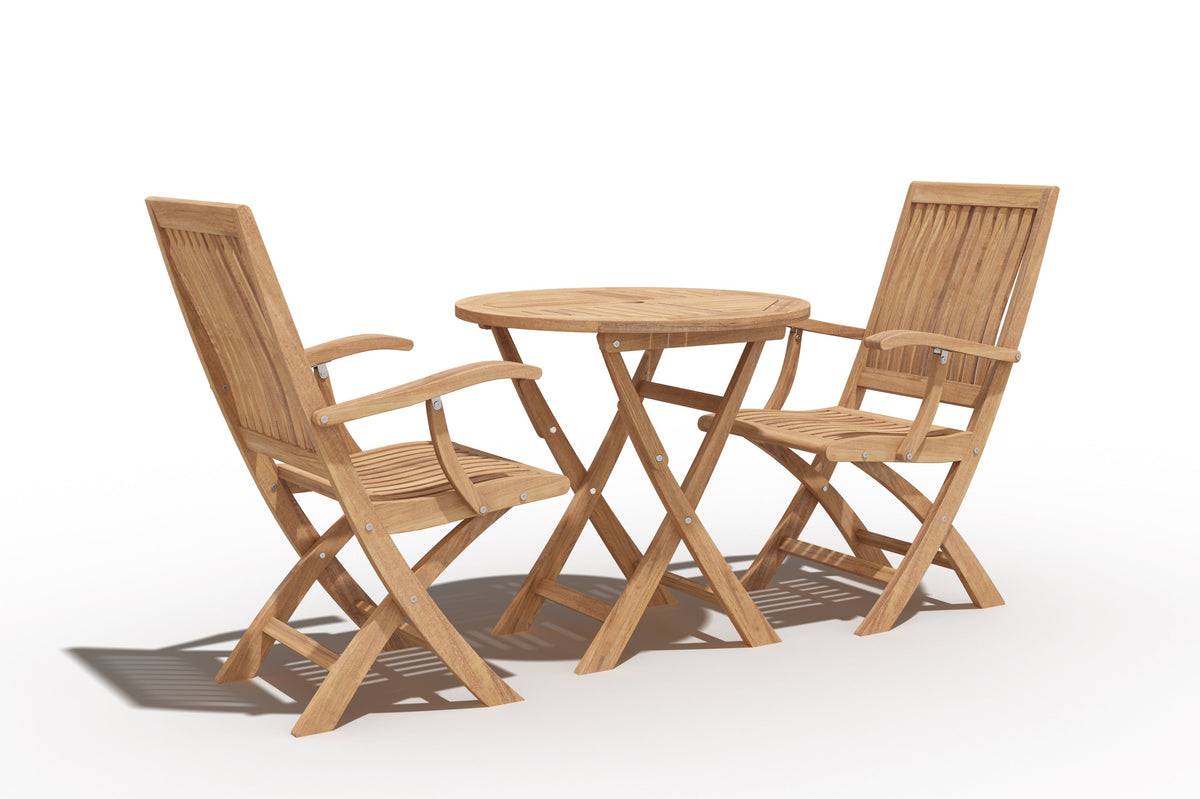 Florence 3-Piece Round Teak Outdoor Bistro Set with Folding Table and Folding Armchairs Outdoor Dining Set
