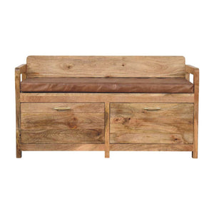 Hardwood Storage Bench with Brown Leather Seat Bench