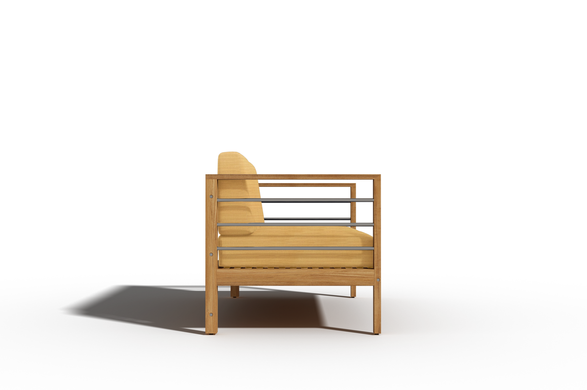 Leon 3-Person Teak Outdoor Sofa with Sunbrella Dupione Cornsilk Cushion Outdoor Chair