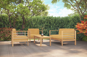 Leon 3-Person Teak Outdoor Sofa with Sunbrella Dupione Cornsilk Cushion Outdoor Chair