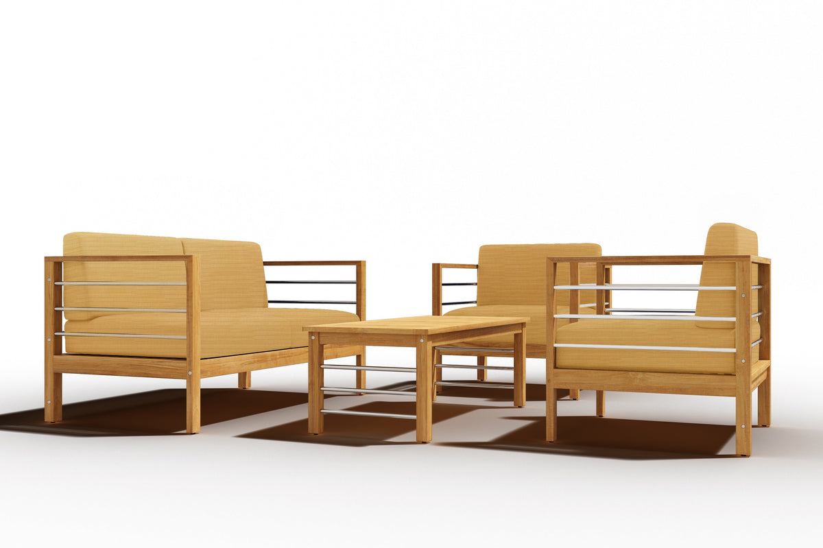 Leon 4-Piece Teak Outdoor Patio Deep Seating Set with Sunbrella Dupione Cornsilk Cushions Outdoor deep seating