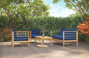 Leon 4-Piece Teak Outdoor Patio Deep Seating Set with Sunbrella Navy Cushions Outdoor deep seating