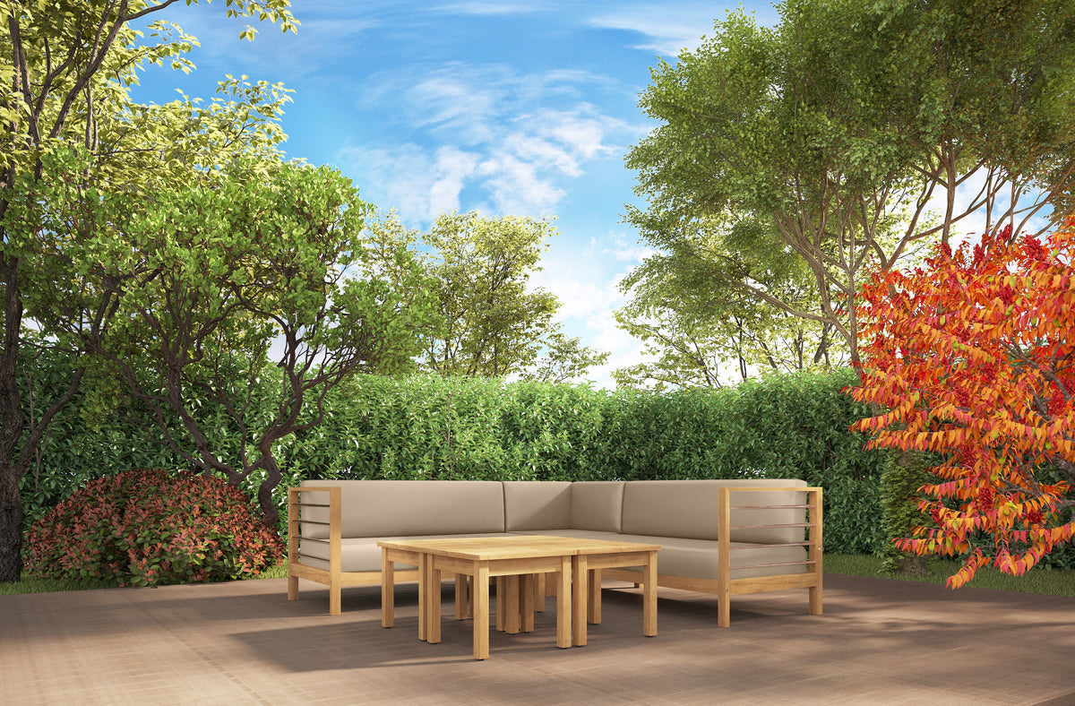 Leon 7-piece Teak Outdoor Sectional Deep Seating Set with Sunbrella Fawn Cushions Outdoor deep seating