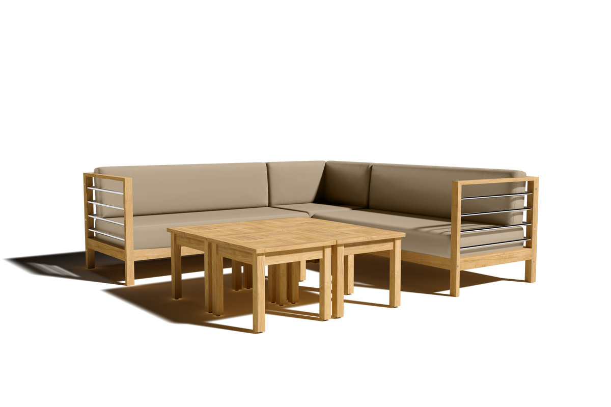 Leon 7-piece Teak Outdoor Sectional Deep Seating Set with Sunbrella Fawn Cushions Outdoor deep seating