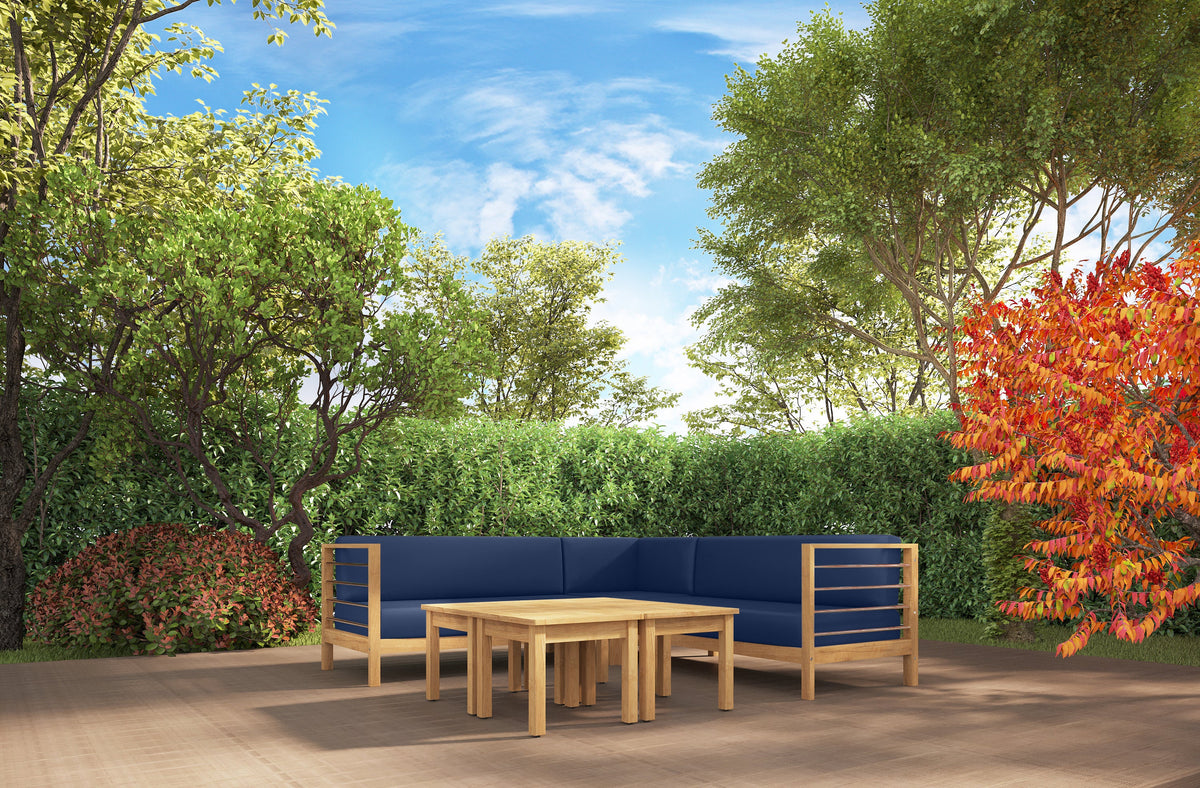Leon 7-piece Teak Outdoor Sectional Deep Seating Set with Sunbrella Navy Cushions Outdoor deep seating