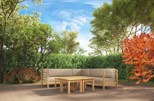 Leon Teak Outdoor Sectional Left Sofa with Sunbrella Fawn Cushion Outdoor Chair