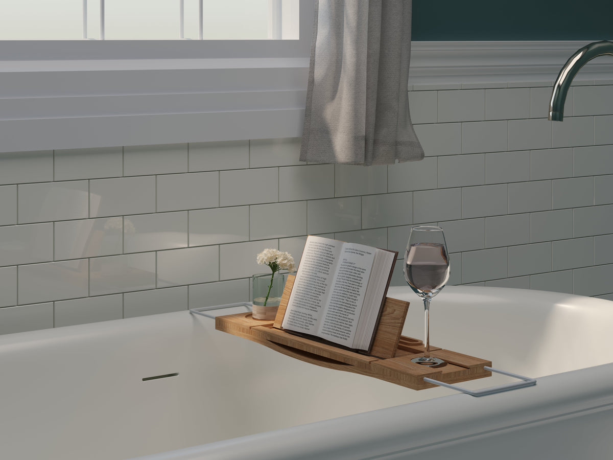 Les Bain Teak Tub Caddy with Stainless Steel Handle Board