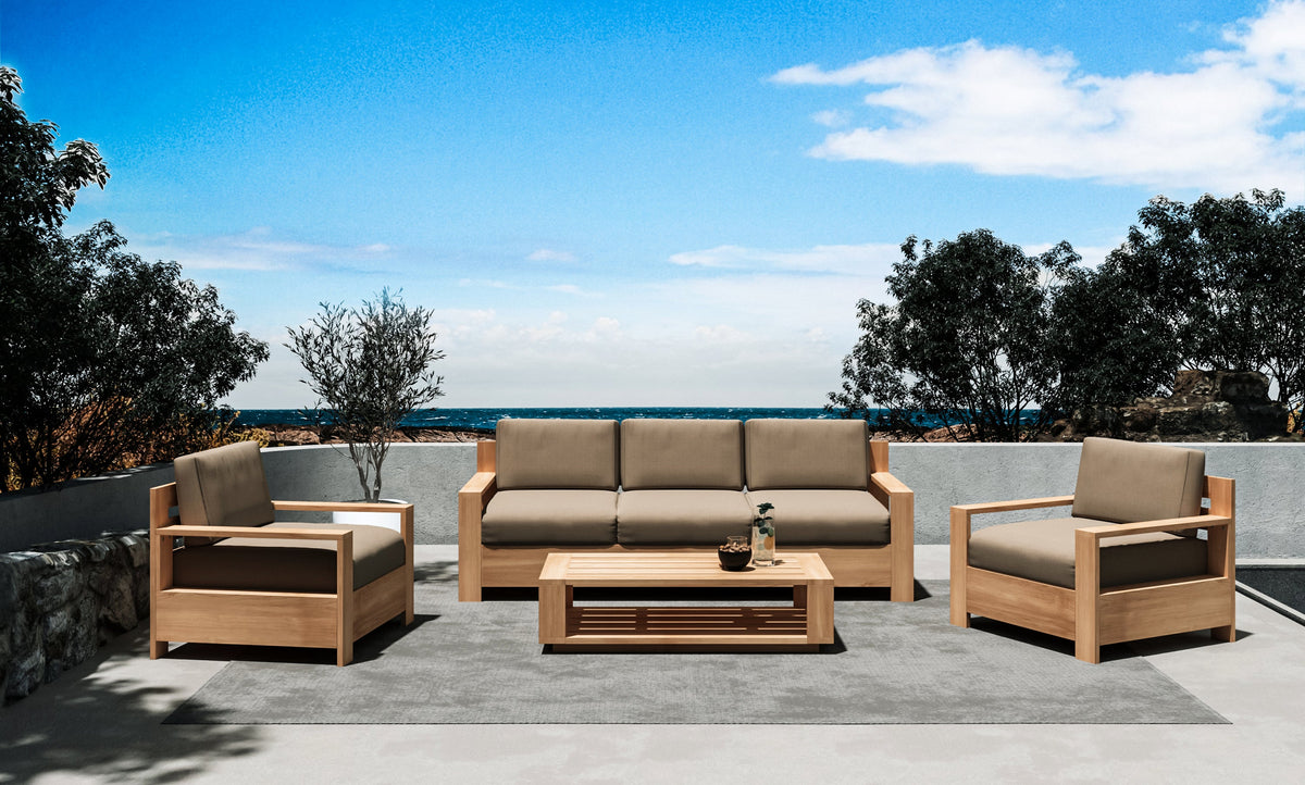 Lothair 4-Piece Teak Outdoor Patio Deep Seating Set with Sunbrella Fawn Cushions Outdoor deep seating