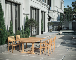 Louvel 5-Piece Rectangular Teak Outdoor Dining Set with Extendable Table and Stacking Armchairs Dining Bench Set