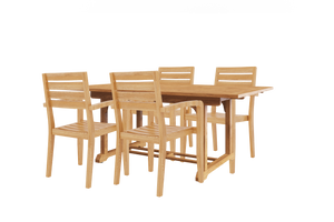 Louvel 5-Piece Rectangular Teak Outdoor Dining Set with Extendable Table and Stacking Armchairs Dining Bench Set