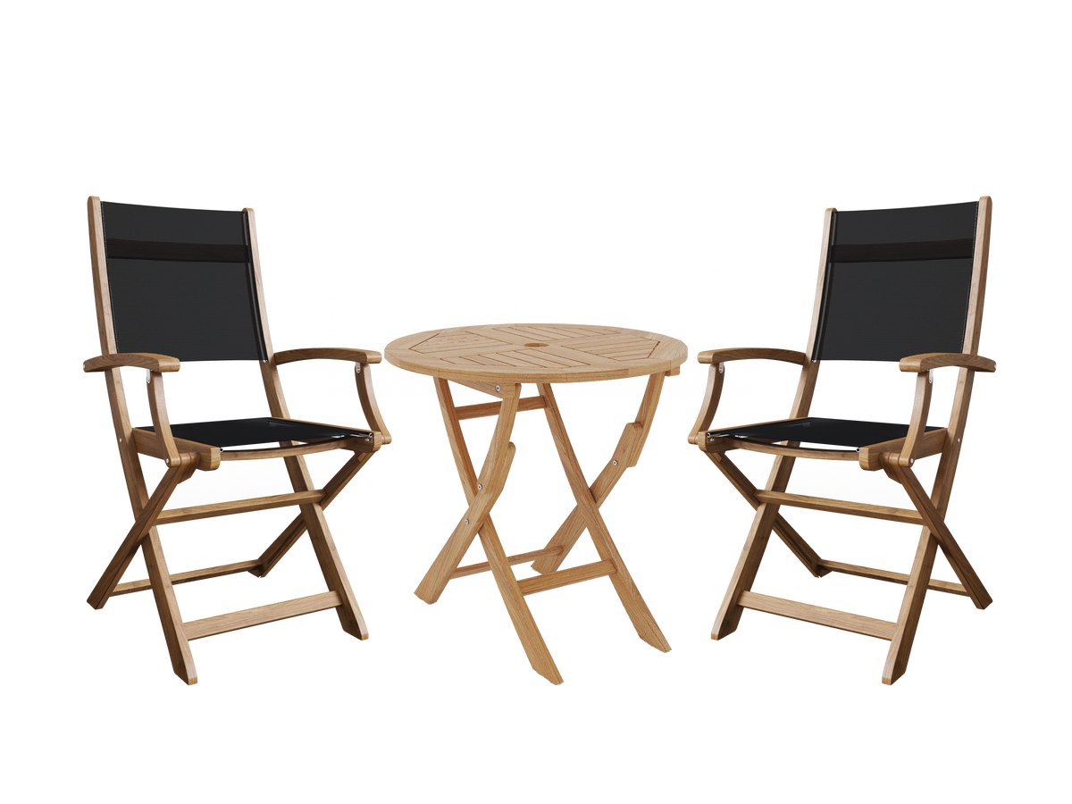 Lucas 3-Piece Round Teak Outdoor Bistro Set in Black with Folding Table and Armchairs Outdoor Lounge Set