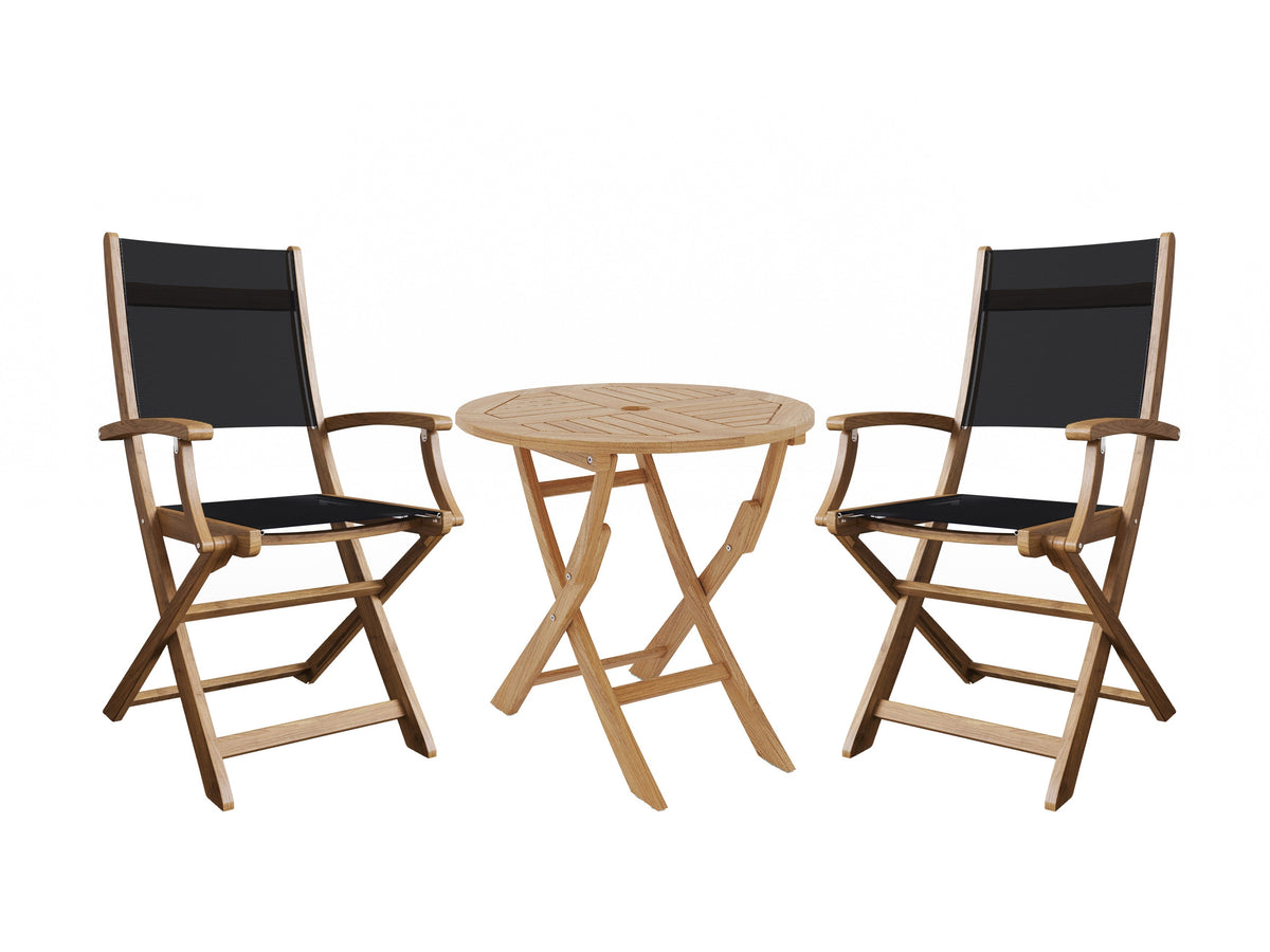 Lucas 3-Piece Round Teak Outdoor Bistro Set in Black with Folding Table and Armchairs Outdoor Lounge Set