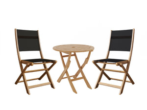 Lucas 3-Piece Round Teak Outdoor Bistro Set in Black with Folding Table and Chairs Bistro Set