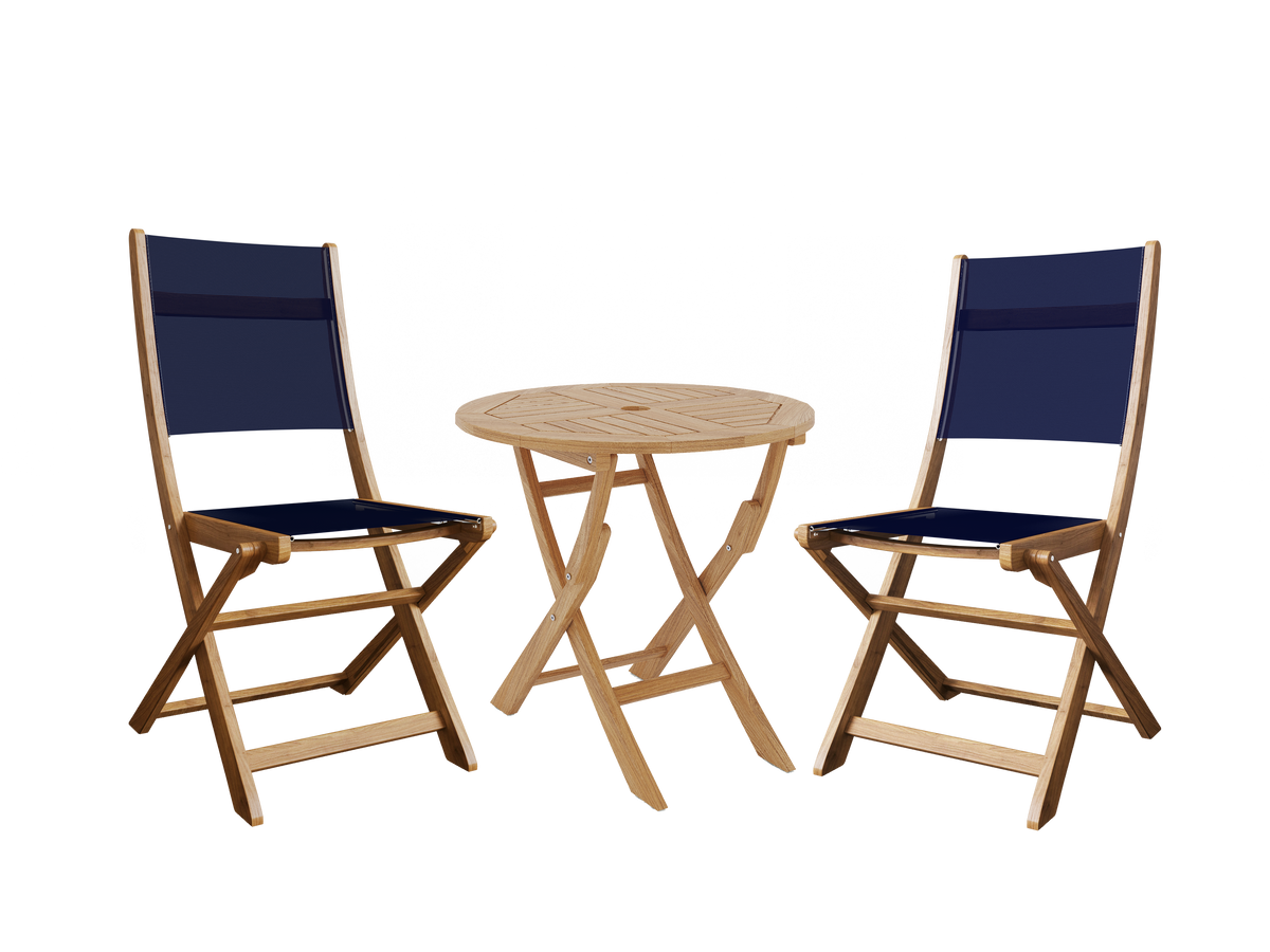 Lucas 3-Piece Round Teak Outdoor Bistro Set in Blue with Folding Table and Chairs Bistro Set