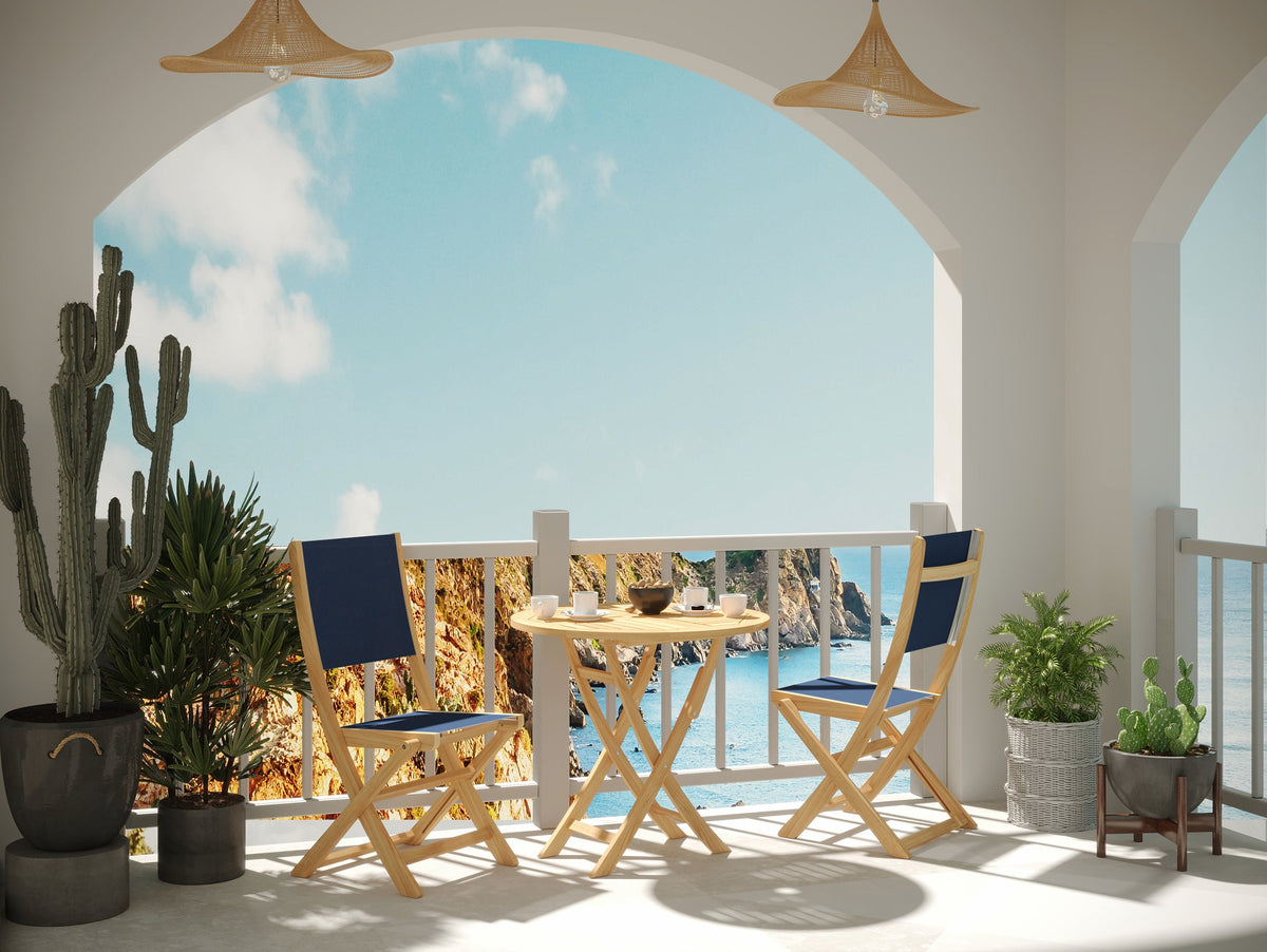 Lucas 3-Piece Round Teak Outdoor Bistro Set in Blue with Folding Table and Chairs Bistro Set