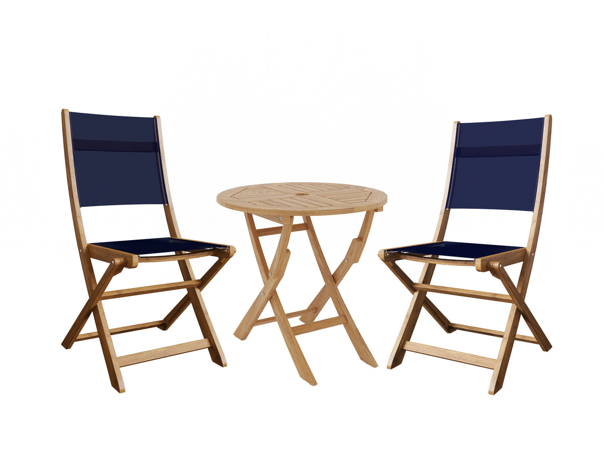 Lucas 3-Piece Round Teak Outdoor Bistro Set in Blue with Folding Table and Chairs Bistro Set