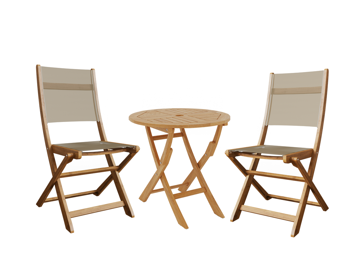 Lucas 3-Piece Round Teak Outdoor Bistro Set in Taupe with Folding Table and Chairs Bistro Set