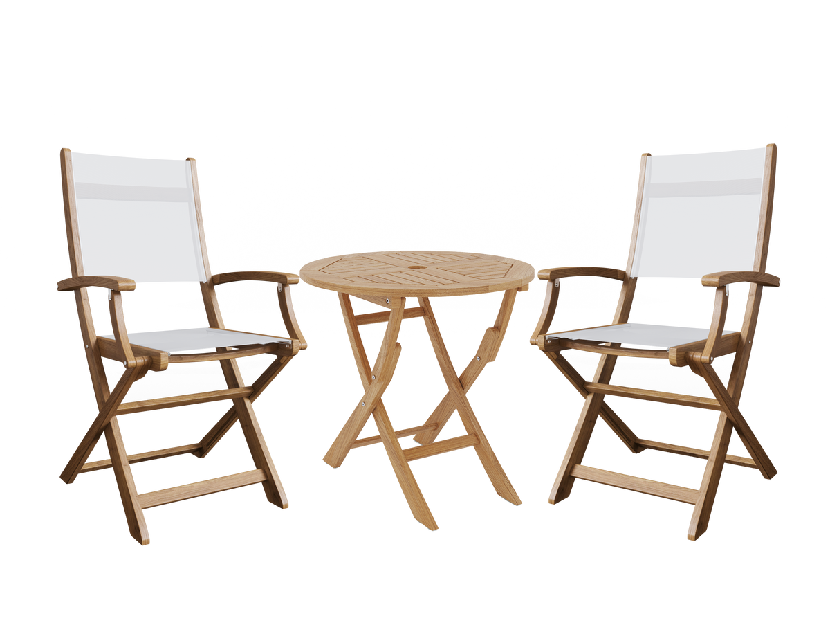 Lucas 3-Piece Round Teak Outdoor Bistro Set in White with Folding Table and Armchairs Outdoor bistro Set