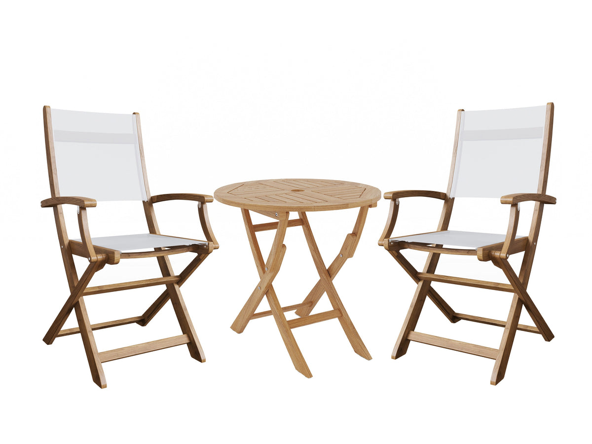 Lucas 3-Piece Round Teak Outdoor Bistro Set in White with Folding Table and Armchairs Outdoor bistro Set