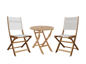 Lucas 3-Piece Round Teak Outdoor Bistro Set in White with Folding Table and Chairs Outdoor bistro seating