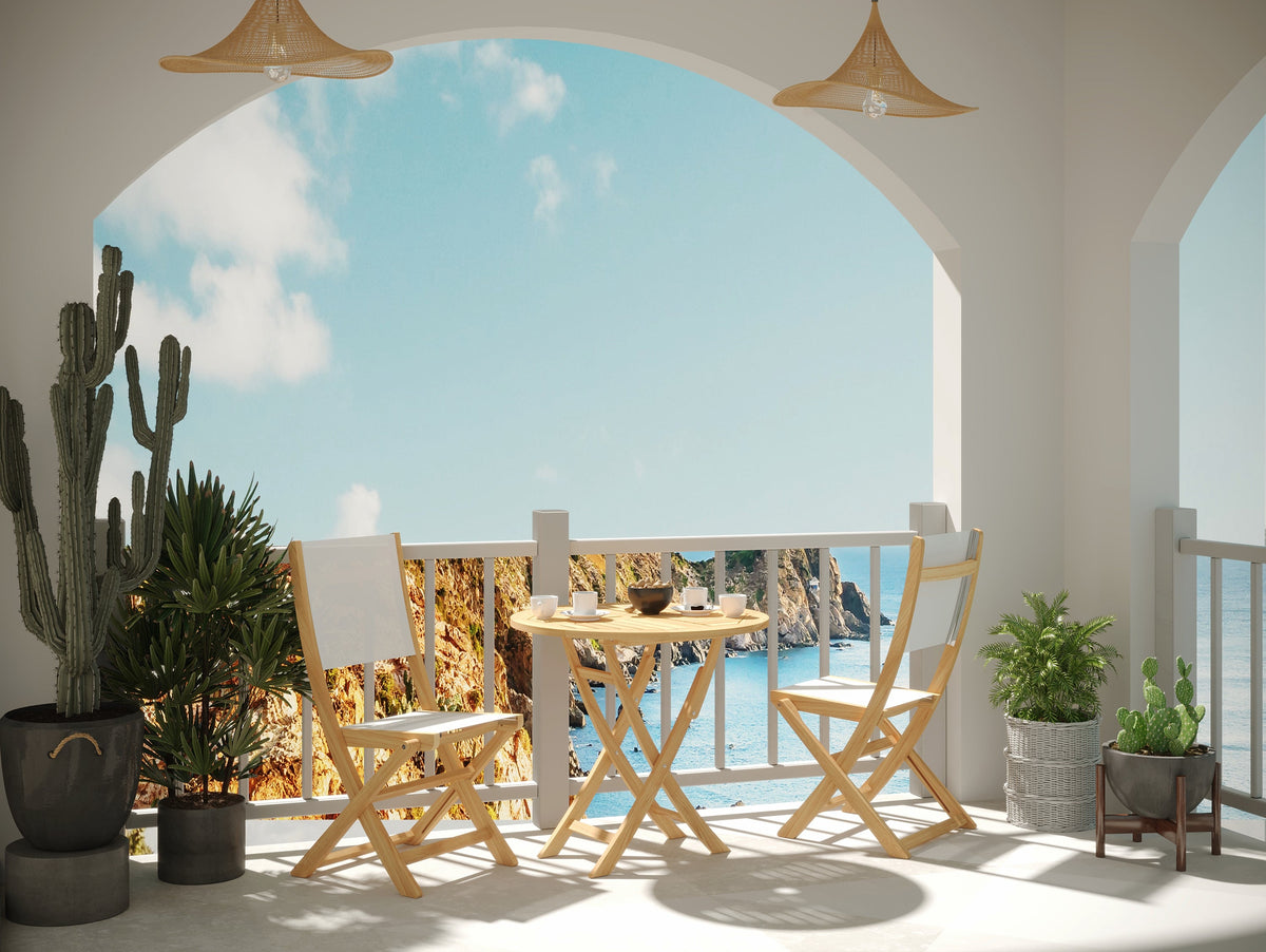 Lucas 3-Piece Round Teak Outdoor Bistro Set in White with Folding Table and Chairs Outdoor bistro seating