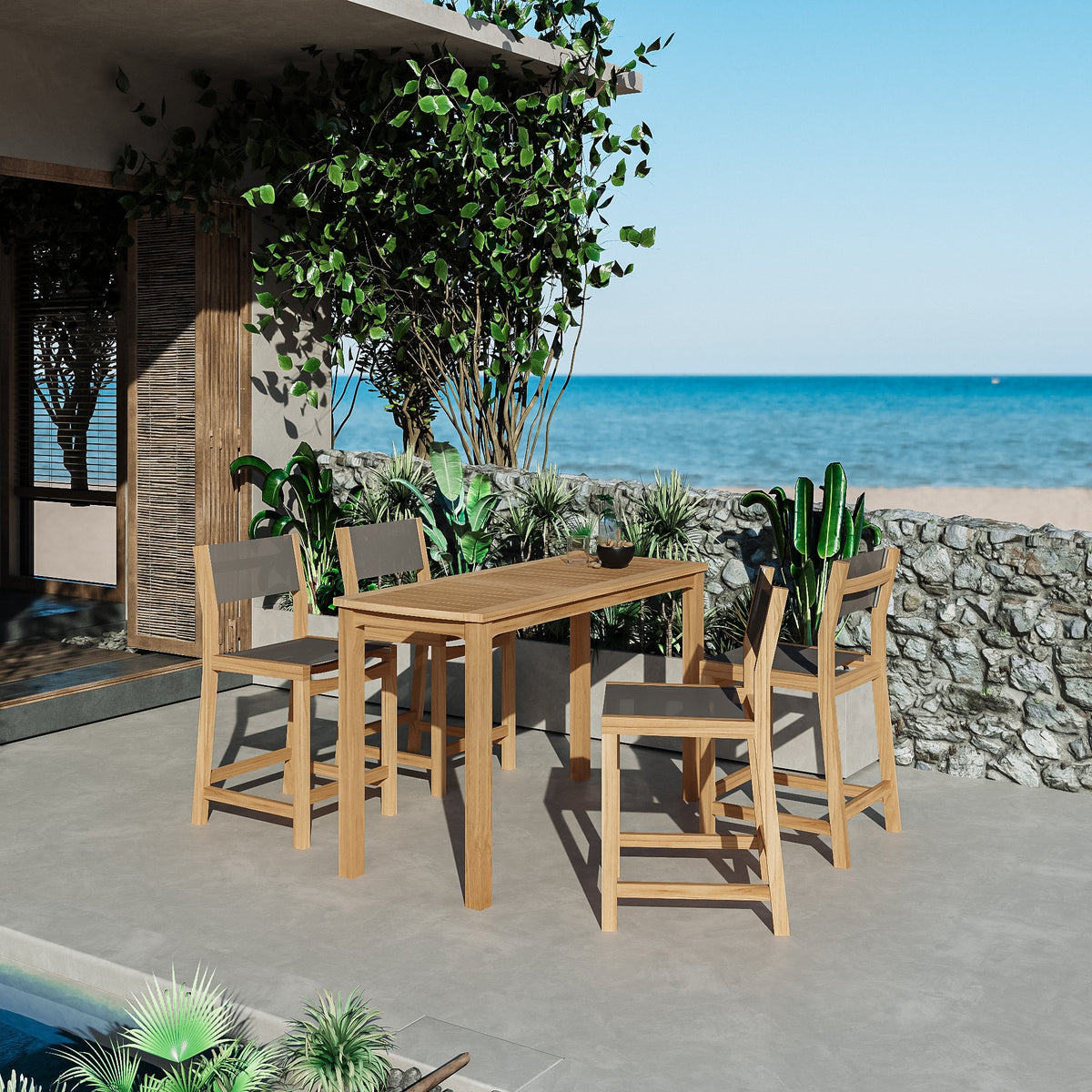 Marais 5-Piece Rectangular Teak Outdoor Counter Height Dining Set in Taupe Outdoor Dining Set