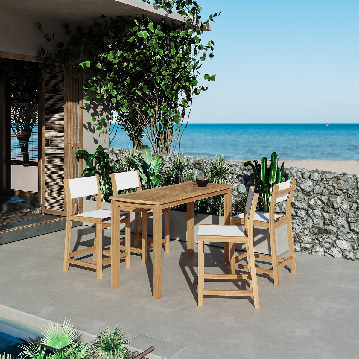 Marais 5 -Piece Rectangular Teak Outdoor Counter Height Dining Set in White Outdoor Dining Set