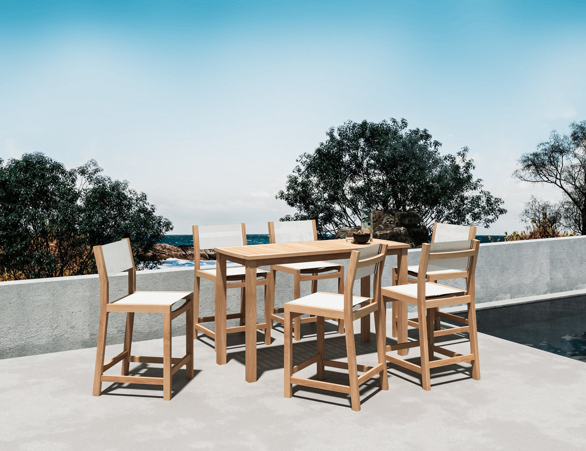 Marais 7-Piece Rectangular Teak Outdoor Counter Height Dining Set in White Outdoor Dining Set