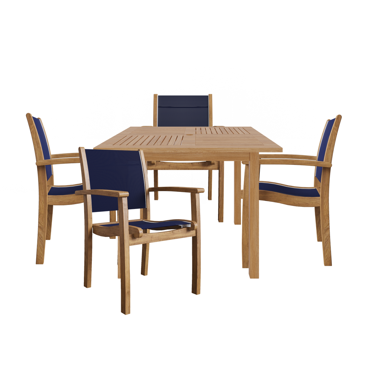 Perrin 5-Piece Square Teak Outdoor Dining Set in Blue with Stacking Armchairs Outdoor Dining Set