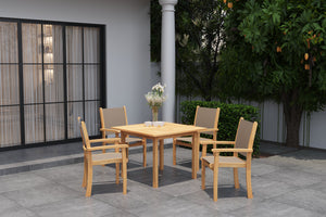 Perrin 5-Piece Square Teak Outdoor Dining Set in Taupe with Stacking Armchairs Outdoor Dining Set