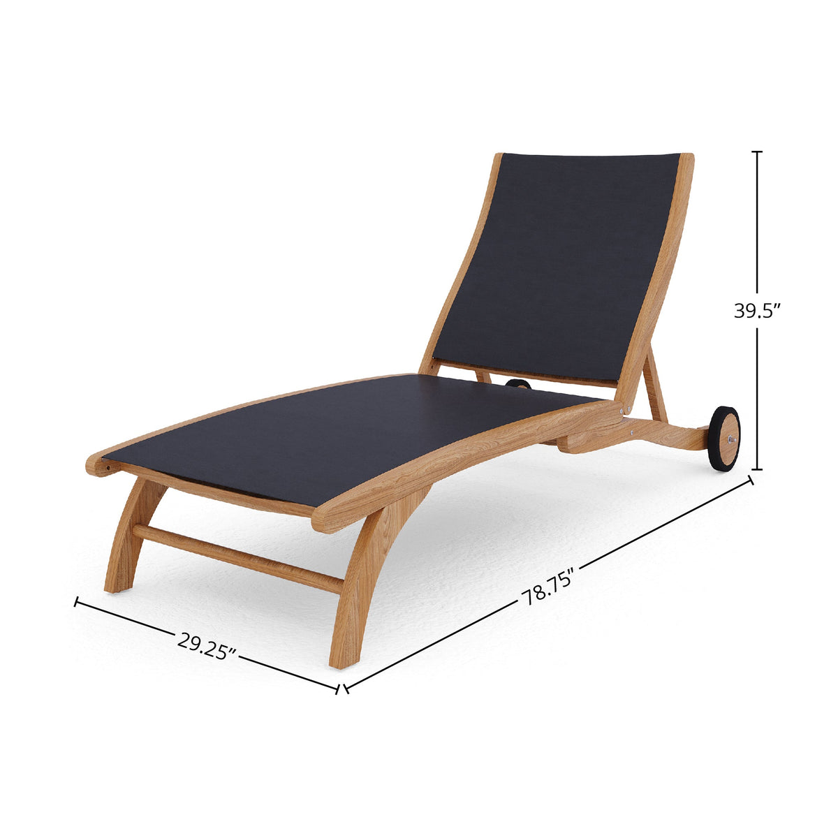 Perrin Teak Outdoor Reclining Chaise Lounger in Black with Rear Wheels Lounger