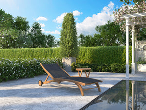 Perrin Teak Outdoor Reclining Chaise Lounger in Black with Rear Wheels Lounger